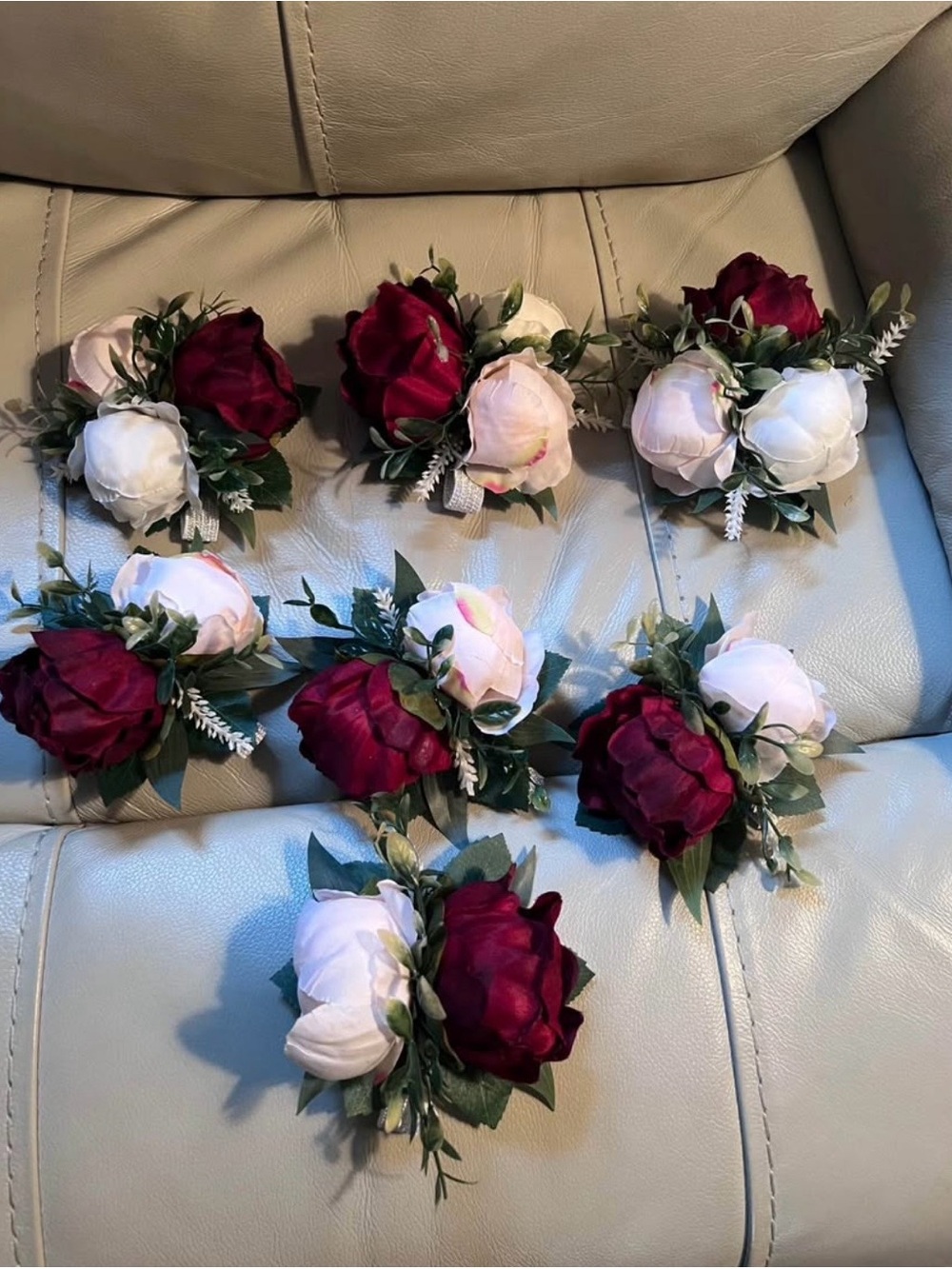 Wedding Wrist Corsages, Burgundy, Blush & Ivory Peonies - Set of 7